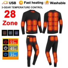 TENGOO HD-28 Unisex Electric Heated Top Pant Set, 28 Heating Areas, Full Body Thermal, USB Charging, Long Sleeves Trousers Suit for Winter Outdoors