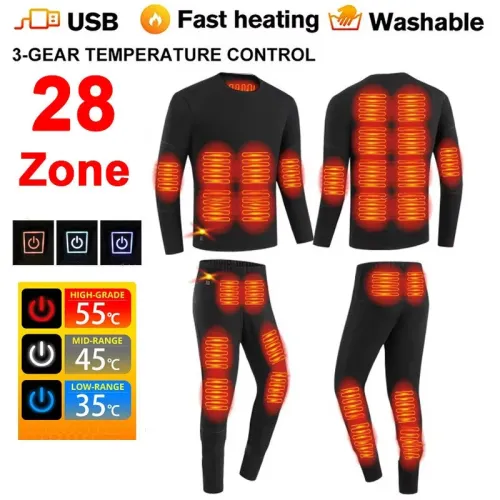 TENGOO HD-28 Unisex Electric Heated Top Pant Set, 28 Heating Areas, Full Body Thermal, USB Charging, Long Sleeves Trousers Suit for Winter Outdoors