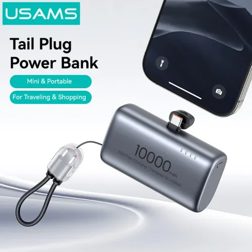USAMS CD252 PB82 Tail Plug Capsule Power Bank 20W 38.5Wh 10000mAh Type-C Plug-in External Battery Power Supply with 1 Input & 2 Output Fast Charging for iPhone 17 17 Pro 16 15 Pro Max for Huawei Pura 80 Ultra for XIAOMI Built-in Detachable Lanyard Cab