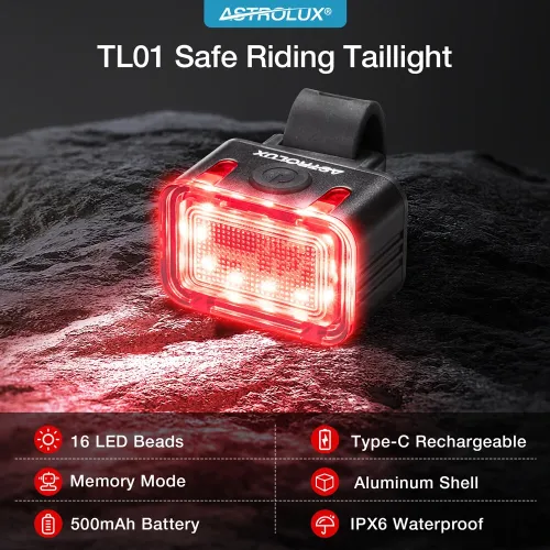 Astrolux TL01 Bike Taillight 500mAh Battery 6 Light Modes USB-Rechargeable IPX6 Waterproof Wear-resistant Aluminum Shell Bicycle Rear Light for Night Cycling