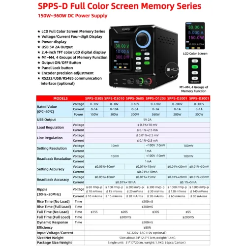 KUAIQU SPPS-D Series DC Power Supply 0-300V 1A 3A 5A 10A 150W-360W RS232+USB  communication interface ,4 Groups of Memory Function High Precision Voltage/Current Four-digit Display