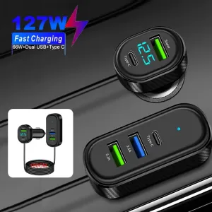 Car Charger Super 127W Fast Charging USB Type C 3.1A Charging With Voltage Detection with 1.5M Extension Cable Phone Charger