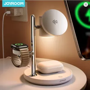 Joyroom JR-W23 Qi2 15W 4-in-1 Magnetic Wireless Charger Stand with Touch Control Night-Lamp Fast Wireless Charging Bracket for Smart Phones for iPhone 17 17 Pro 16 15 14 Pro Max 13 12 for Xiaomi 17pro for Oppo Find X9 for Airpods for Apple Watch