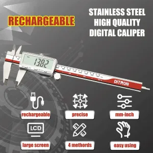 DITRON Digital Caliper 701 Stainless Steel Rechargeable 0-6 Inch Precision Measuring Tool Large Screen High Accuracy Type-C Charging Adjustable Width Fraction Measurements
