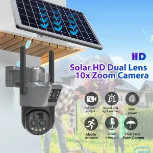 Guudgo 10x Zoom Solar Dual Lens Outdoor Security Camera PTZ Full Color Night Vision Two Way Intercom Human Detection Real Time Alerts CCTV Surveillance Camera
