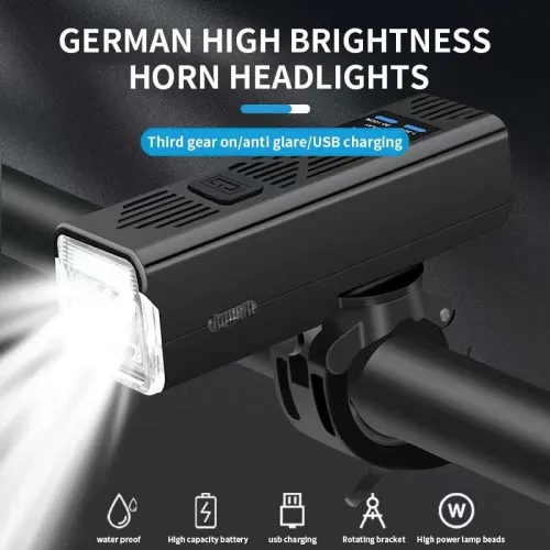 BENGGUO 2 in 1 Wired Control Bike Headlight 2000mAh Power Bank Handlebar Flashlight USB Charging IPX4 Waterproof with Bell for Mountain Cycling Night Safe Riding