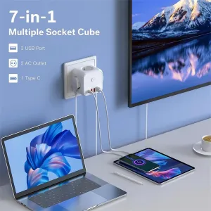 Bakeey 7-in-1 Socket Cube EU Power Outlet with 3AC 3USB Type-C Fast Charging Wall Socket with On/Off Switch for Home Use