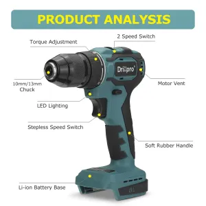 Drillpro 23-48N.M 10mm/13mm 1800rpm 21+1 Torque Cordless Brushless Electric Drill Fit Mak