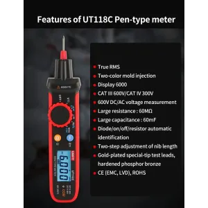 UNI-T Pen-Type Meter Digital UT118C 600V DC AC Voltmeter True RMS Frequency Meter NCV Capacitance Resistance Test