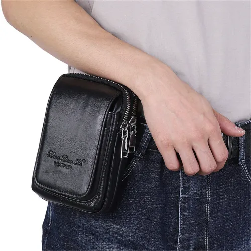 Men's Genuine Leather Zipper Waist Pack Phone Storage Waist Bag Belt Hanging Key & Card Storage Bag