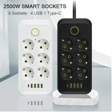 F06 2500W EU Plug AC Outlet Power Strip Multitap Extension Cord Electrical Socket with 4 USB+Type-C Ports Fast Charge Home Intelligent Outlets