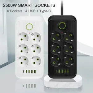 F06 2500W EU Plug AC Outlet Power Strip Multitap Extension Cord Electrical Socket with 4 USB+Type-C Ports Fast Charge Home Intelligent Outlets