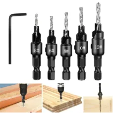 5PCS Countersink Drill Bit Set +1PC Wrench Wood Tools Carpentry Woodworking Drill Bit Pilot Holes Hex Shank Screw Size #5 #6 #8 #10 #12