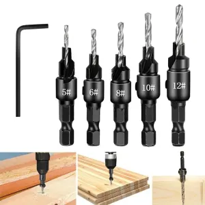 5PCS Countersink Drill Bit Set +1PC Wrench Wood Tools Carpentry Woodworking Drill Bit Pilot Holes Hex Shank Screw Size #5 #6 #8 #10 #12
