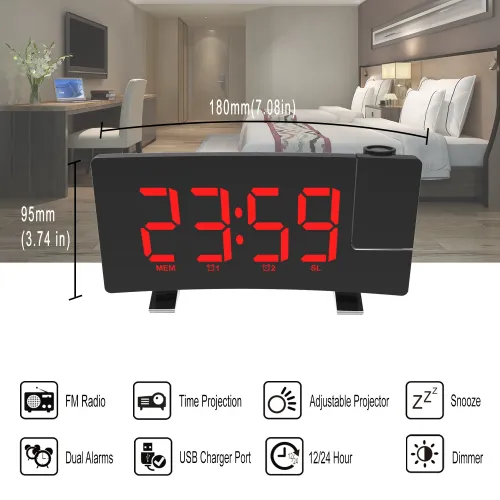 AGSIVO 8 Inch Projection Alarm Clock with 180 Rotatable Projector / FM Radio / Snooze / 3-Level Brightness Dimmer / Curved Clear LED Display / USB Charger For Bedroom Living Room