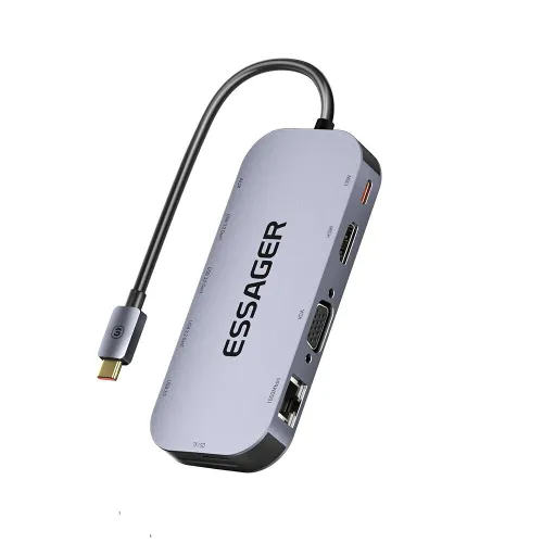 Essager 11 in 1 Type-C Docking Station 3*USB 3.2 Gen1 5Gbps HDMI 4K@30HZ VGA RJ45 1000Mbps PD Charger USB Hubs 100W For Macbook Air Pro Adapter Splitter