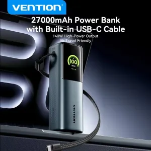 Vention FKG 200W 99.9Wh 27000mAh Smart TFT Display Power Bank with Built-in USB-C Cable External Battery Power Supply with 2 Inputs & 3 Outputs Support UFCS QC PS PPS SCP Fast Charging for iPhone 17 16  for Samsung Galaxy Z Fold7 for XIAOMI for OPPO