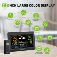BALDR Wireless Weather Station 7.5" LCD Digital Humidity Temperature Meter Auto Alarm Clock Moon Phase Barometer Forecast Sensor