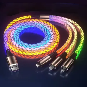 6A 66W USB-A to Type-C/iP/Micro USB RGB Gradient Cable Fast Charging Data Transmission Copper Core Line 1.2M Long for iPhone 16 16 Pro 15 15 Plus 13 12 for Huawei Mate XT for Xiaomi 15pro for Samsung Galaxy Z Flip6