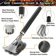 Long Handle BBQ Grill Cleaning Brush with Stainless Steel Scraper Bristles Cleaner Heavy Duty BBQ Tool Easy Stain Removal Grill Wire Brush Barbecue Accessories