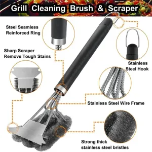 Long Handle BBQ Grill Cleaning Brush with Stainless Steel Scraper Bristles Cleaner Heavy Duty BBQ Tool Easy Stain Removal Grill Wire Brush Barbecue Accessories