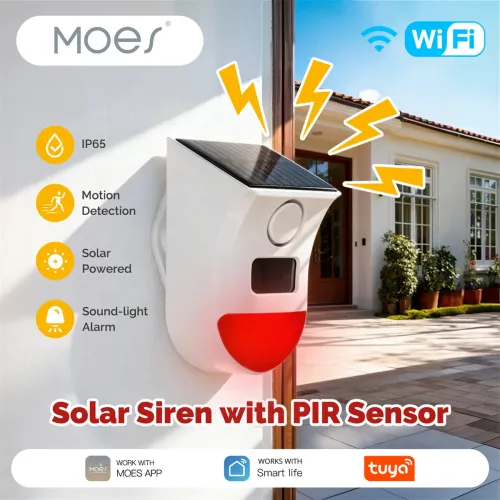 MOES Tuya Smart Outdoor Siren Alarm 120dB Solar Powered WiFi Siren with Remote PIR Sensor IP65 Waterproof Works with Alexa Google Home Smart Security Alarms