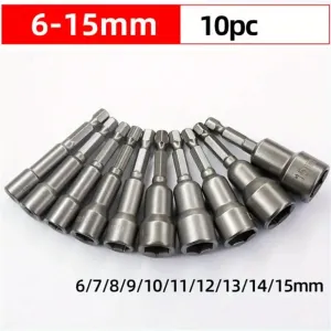 10PCS Impact Socket Magnetic Nut Screwdriver Set 6mm-19mm Heat-Treated Chrome Vanadium Steel 1/4" Hex Key Drill Bit Adapter for Power Drills and Impact Drivers