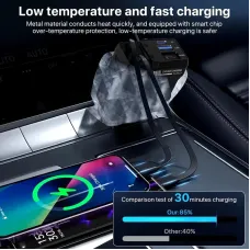 A1 4-in-1 Retractable 120W 2-Port USB PD Car Charger with iP+Type-C Telescopic Cable Support PD QC3.0 AFC MTK FCP Fast Charging with Digital Display for iPhone 16 16 Pro 15 14 13 Pro Max for Huawei Mate XT for Samsung Galaxy Z Flip6