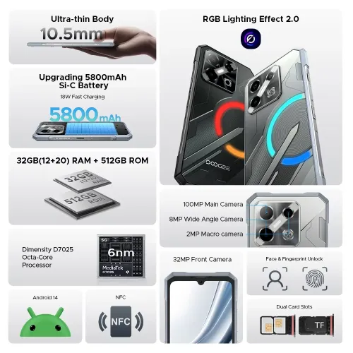 DOOGEE Blade GT Pro 5G LED light effect 32GB 512GB 100MP Triple Camera Dimensity 7025 6.72 inch 120Hz 5800mAh Android 14 NFC IP68 IP69K Waterproof Rugged Smartphone