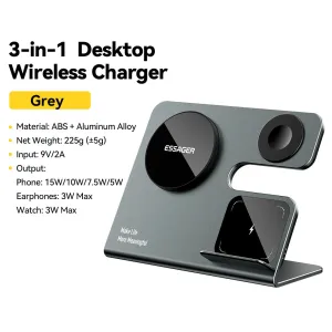 ESSAGER 3 in 1 PD15W High Power Magnetic Desktop Wireless Charger for iPhone 15 14 13 12 Pro/Max/Plus for Apple Watch 9/8/7/6/5/4/3/2/SE/Ultra 2 for AirPods 3/2/Pro