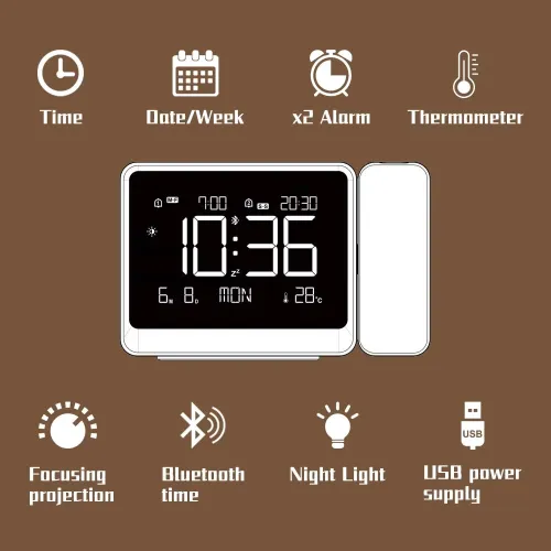 Digital Alarm Clock Wall Projection Time Temperature bluetooth Adjustment Night Light USB Power Supply Focusing Display