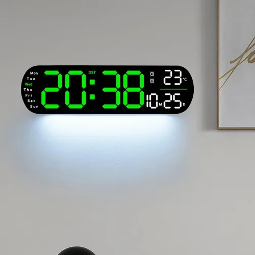 LED Digital Ambient Light Wall Clock Remote Control Electronic Mute Clock with Temperature Humitimy Date Week Display Timing Function Clock