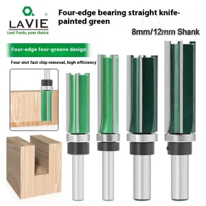 LAVIE 2pcs 8mm 12mm Shank Straight Cut Router Bit Set Four Flute Tungsten Carbide Cutter Woodworking Tools for CNC Machines Dense Board Solid Wood Cutting