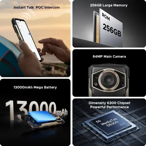 DOOGEE Fire 7 Ultra AI 5G Loud Speaker 64MP Camera 32GB 256GB 6.6 inch 90Hz IPS 13000mAh 33W Fast Charge Android 15 NFC Dimensity 6300 Octa Core IP68 IP69K Waterproof Rugged Smartphone