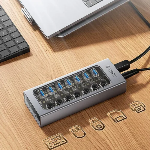 ORICO AT2U3 7-in-1 5Gbps USB 3.0 Hub Docking Station with Independent Power Switch 7xUSB-A Splitter Adapter for Macbook Mobile Phone Tablets