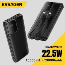 ESSAGER ES-D023 22.5W 37/74Wh 10000/20000mAh Digital Display Power Bank with 2 Integrated Cables External Battery Power Supply with 2 Inputs & 4 Outputs Support PD QC2.0/3.0 SCP FCP PPS AFC Fast Charging for iPhone 16 15 14 Pro Max for Huawei for SAMS