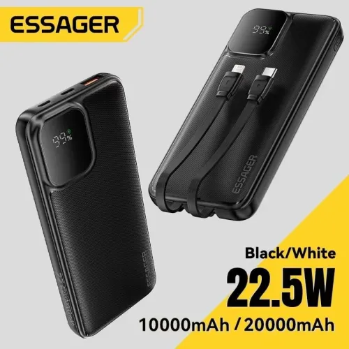 ESSAGER ES-D023 22.5W 37/74Wh 10000/20000mAh Digital Display Power Bank with 2 Integrated Cables External Battery Power Supply with 2 Inputs & 4 Outputs Support PD QC2.0/3.0 SCP FCP PPS AFC Fast Charging for iPhone 16 15 14 Pro Max for Huawei for SAMS