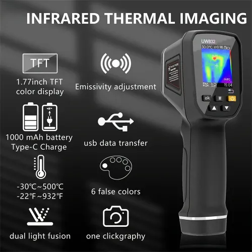 Handheld Thermal Imaging Camera 32x32 IR Resolution Infrared Thermometer 6 Color Palettes Adjustable Emissivity USB Connectivity 1000mAh Battery