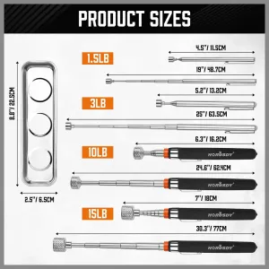 5-Piece Magnetic Pickup Tools Set Telescoping Rust-Proof 15LB 10LB 3LB 1.5LB Magnet Sticks Tray for Mechanics Automotive DIY Gifts