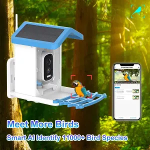 Solar Powered Bird Feeder Camera 4MP UHD 110 Wide-Angle Lens WIFI Smart AI Bird Recognition Night Vision Plastic Dome Weatherproof
