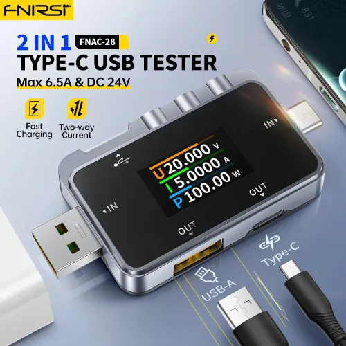 FNIRSI FNAC-28 USB Tester Voltage Current Power Meter 4-24V 6.5A Color Screen Protocol Monitoring Adjustable Brightness for Fast Charging Compatibility