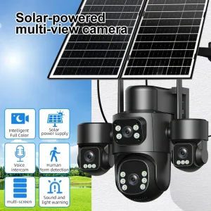 8MP 5X Zoom AOV Solar Security Camera Multi-view Wireless Outdoor Cam 4G HD 360 View Color Night Vision AI Human Detection Red Blue Alarm IP66 Waterproof for Home Safety