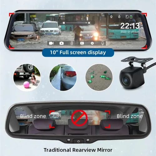 10Inch Touch Screen 1080P HD Front Rear Dual Camera Full-Screen Streaming Car Rearview Mirror Dashcam Dual Channel Recorder