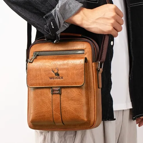 WEIXIER PU Leather Men's Messenger Bag Trend Retro Business Men's Shoulder Bag Waterproof Carry-on Bag Crossbody Bag Men's Backpack