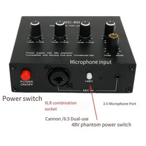 MIC-60 Balanced Mic Preamplifier Condenser Moving Coil Microphone Amplifier 48V Phantom Power 60dB Gain Low Cut Three Band Equalizer with USB and XLR Cable