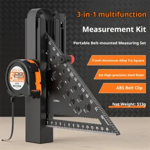 Portable Tool Set 7 Inch Aluminum Triangle Measuring Ruler with 5m Steel Tape Measure and ABS Belt Clip Measurement Kit
