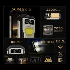 DOOGEE V Max S 5G Dual Camping Lights 24GB 256GB 108MP AI Camera Night Vision 22000mAh 33W Fast Charge 6.58 inch 120Hz Dimensity 7050 Android 14 NFC IP68 IP69K Waterproof Rugged Smartphone