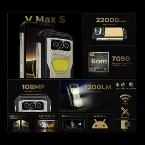 DOOGEE V Max S 5G Dual Camping Lights 24GB 256GB 108MP AI Camera Night Vision 22000mAh 33W Fast Charge 6.58 inch 120Hz Dimensity 7050 Android 14 NFC IP68 IP69K Waterproof Rugged Smartphone