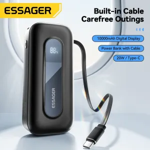 ESSAGER FS01 20W 10000mAh Digital Display Power Bank Built-in Type-C Retractable Cable External Battery Power Supply with 2 Inputs & 2 Outputs Support PD2.0 QC3.0 FCP SPC AFC Fast Charging for iPhone 16 15 Pro 14 13 12 Pro Max for Samsung