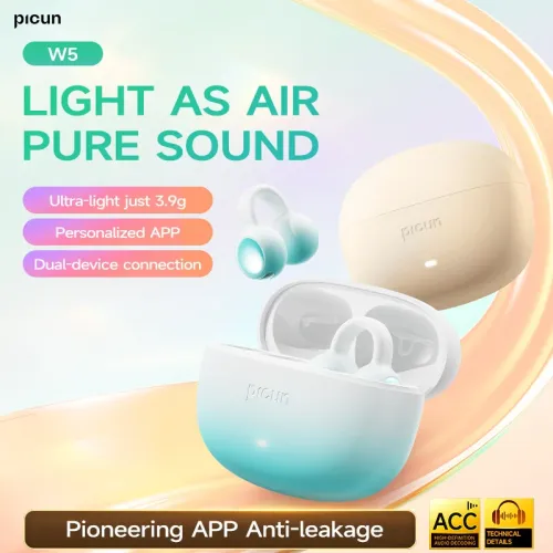 PICUN W5 TWS Earclip Earbuds Wireless bluetooth 5.4 Earphone HiFi Audio Deep Bass Dual-Mic AI Call Noise Reduction 40H Playback Lightweight Flexible Comfort Low Gaming Latency Sports Headphones